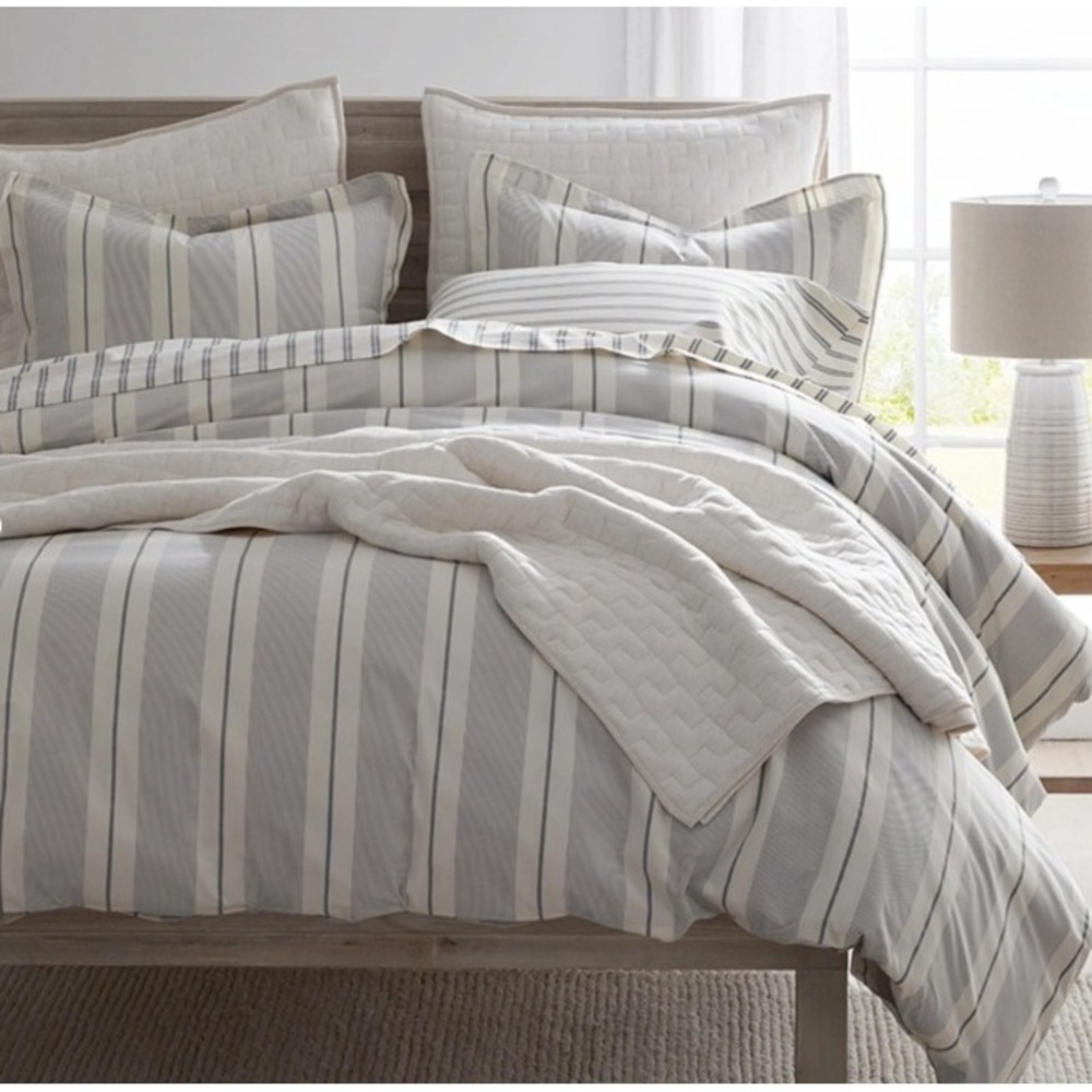 The Company Store Wide Stripe T200 Yarn Dyed Percale Duvet Cover Navy Full NEW